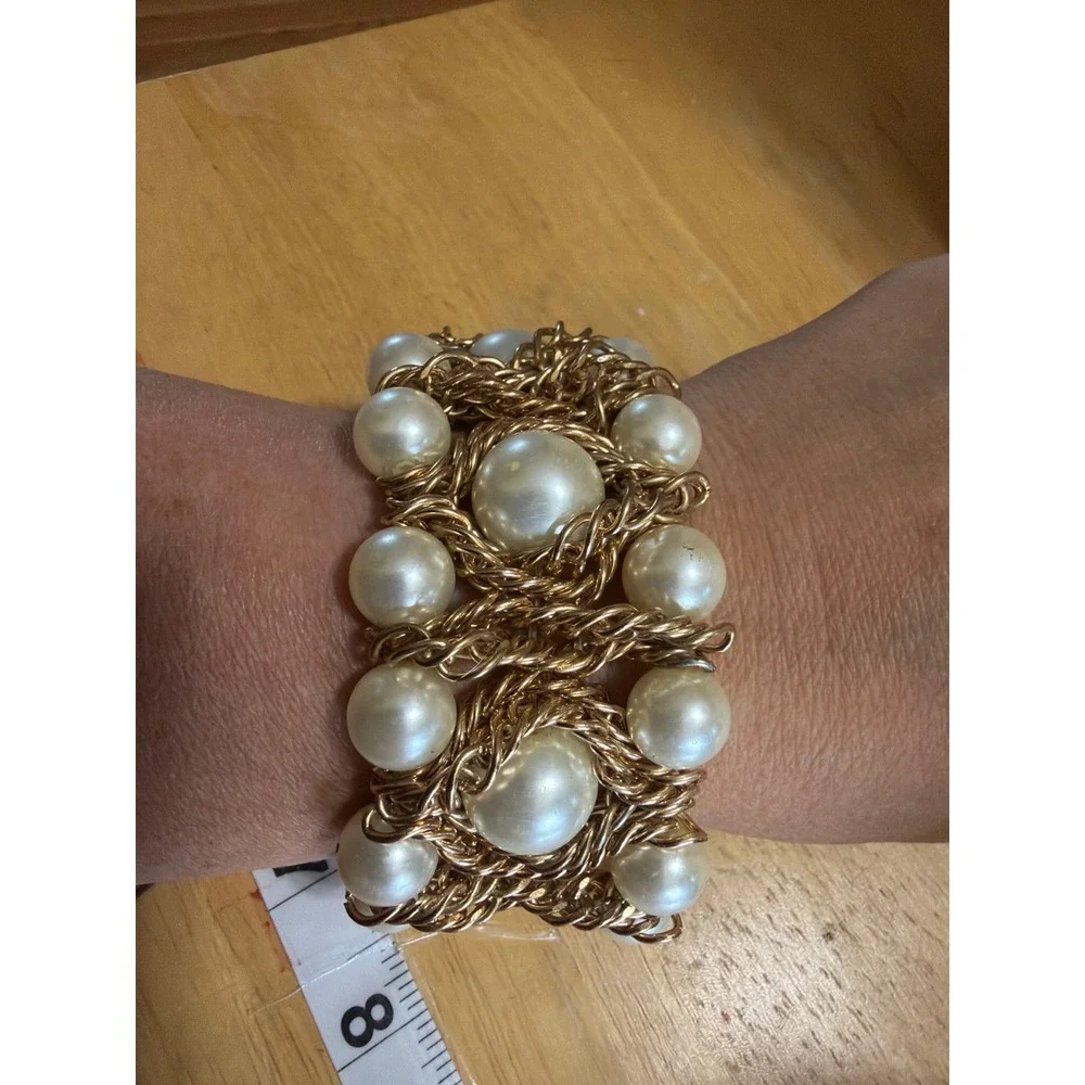 Gold Tone Chunky Faux Pearl‎ Triple Row Stretch Cuff Bracelet Statement Jewelry